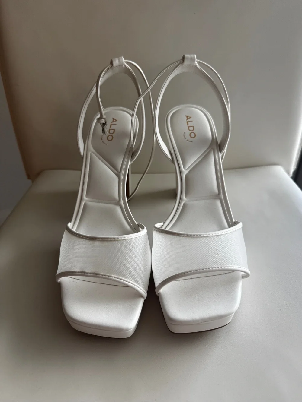 Aldo Chicglimmer White Platform Strappy Mesh Block Heel Bridal Sandals - Size 9